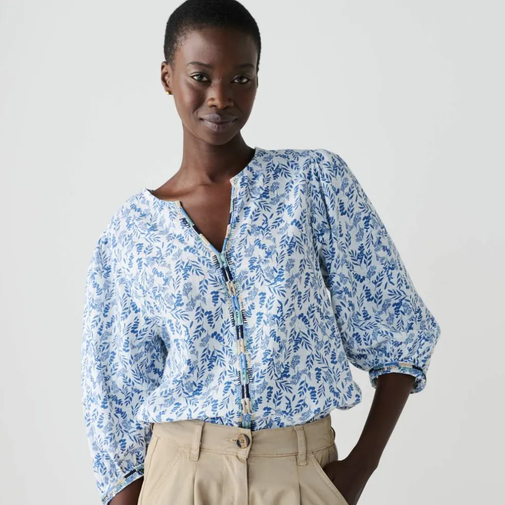 Blouse brodée en coton imprimée, manches 3/4