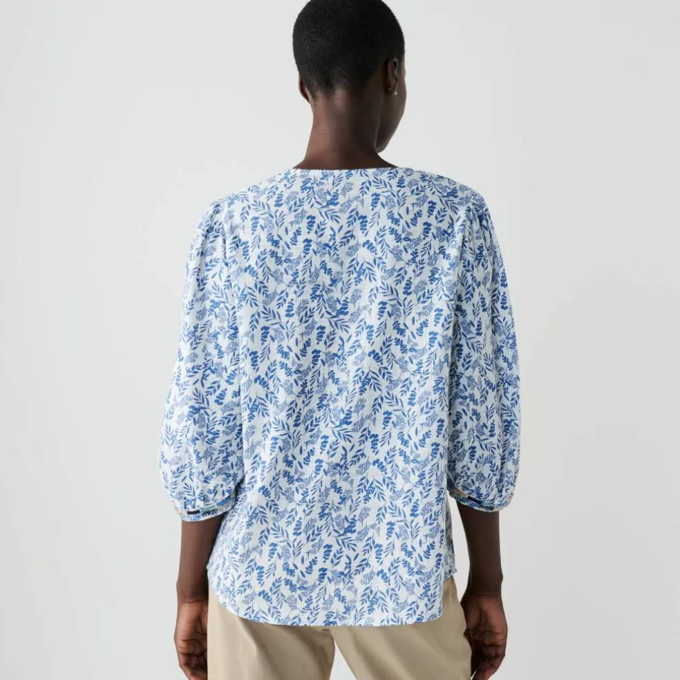 Blouse brodée en coton imprimée, manches 3/4