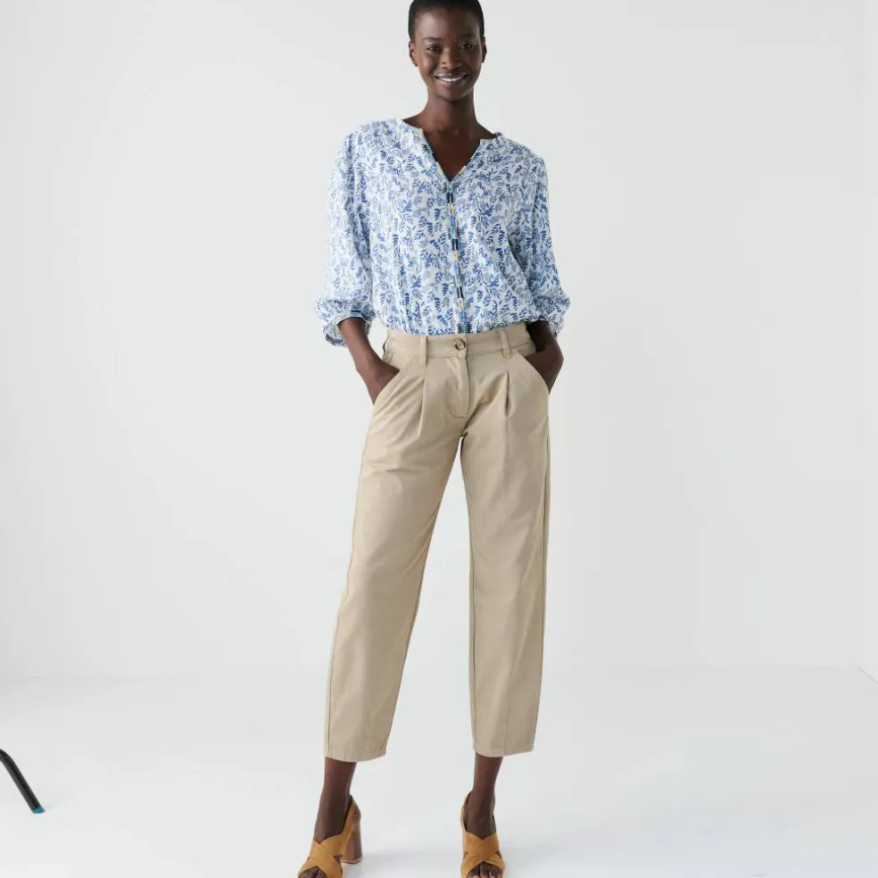 Blouse brodée en coton imprimée, manches 3/4