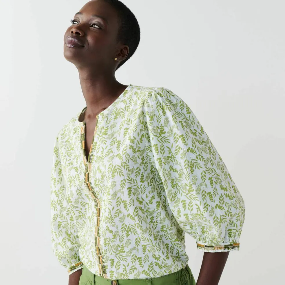 Blouse brodée en coton imprimée, manches 3/4