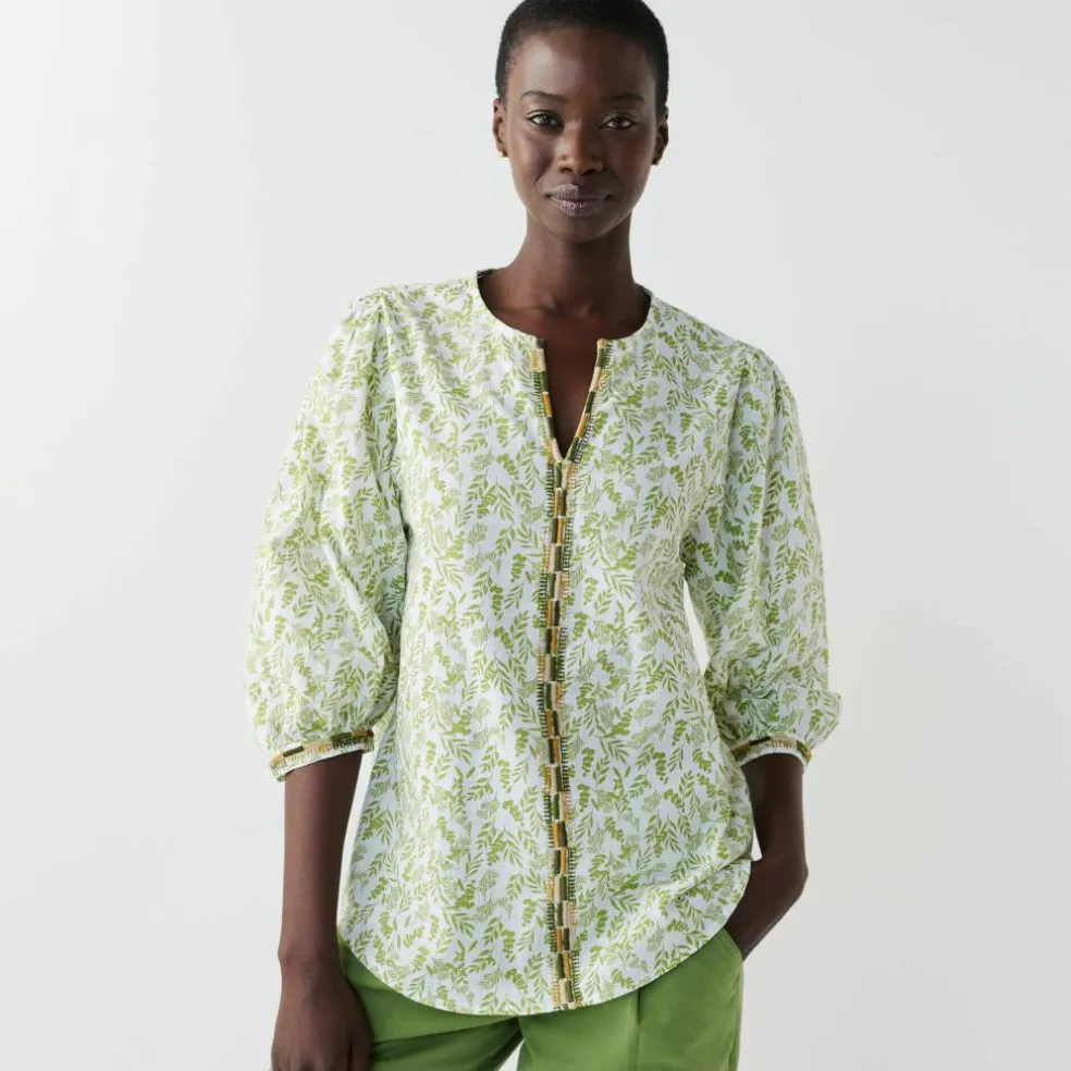 Blouse brodée en coton imprimée, manches 3/4