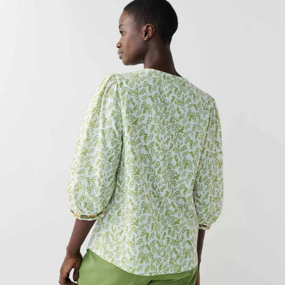 Blouse brodée en coton imprimée, manches 3/4