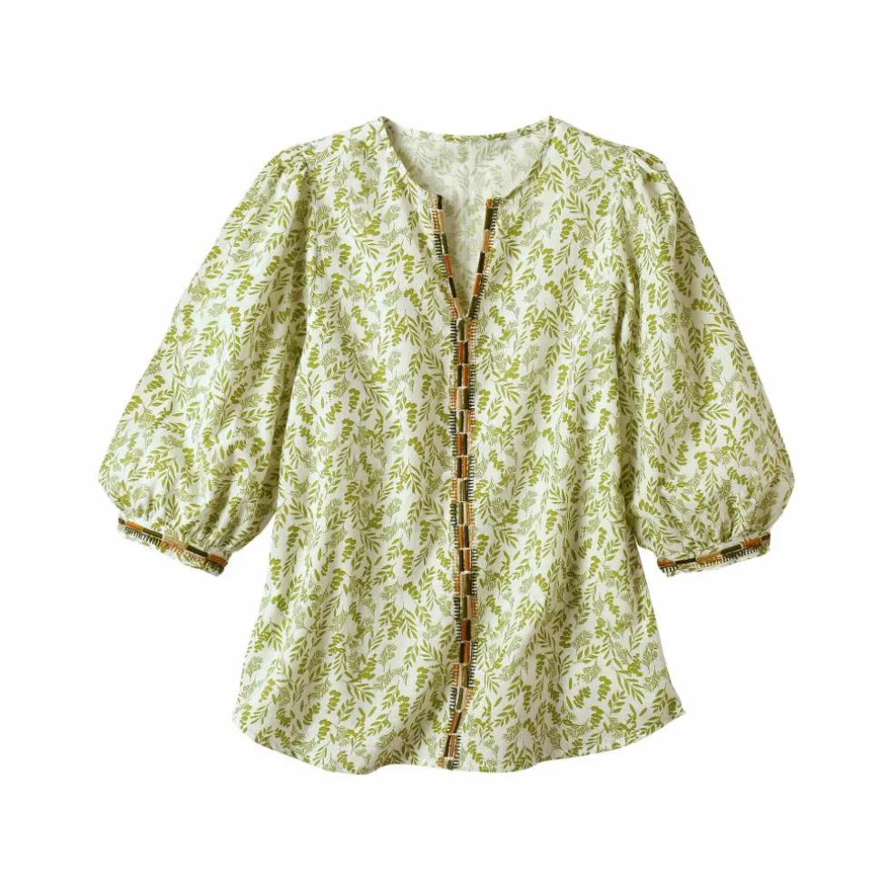 Blouse brodée en coton imprimée, manches 3/4