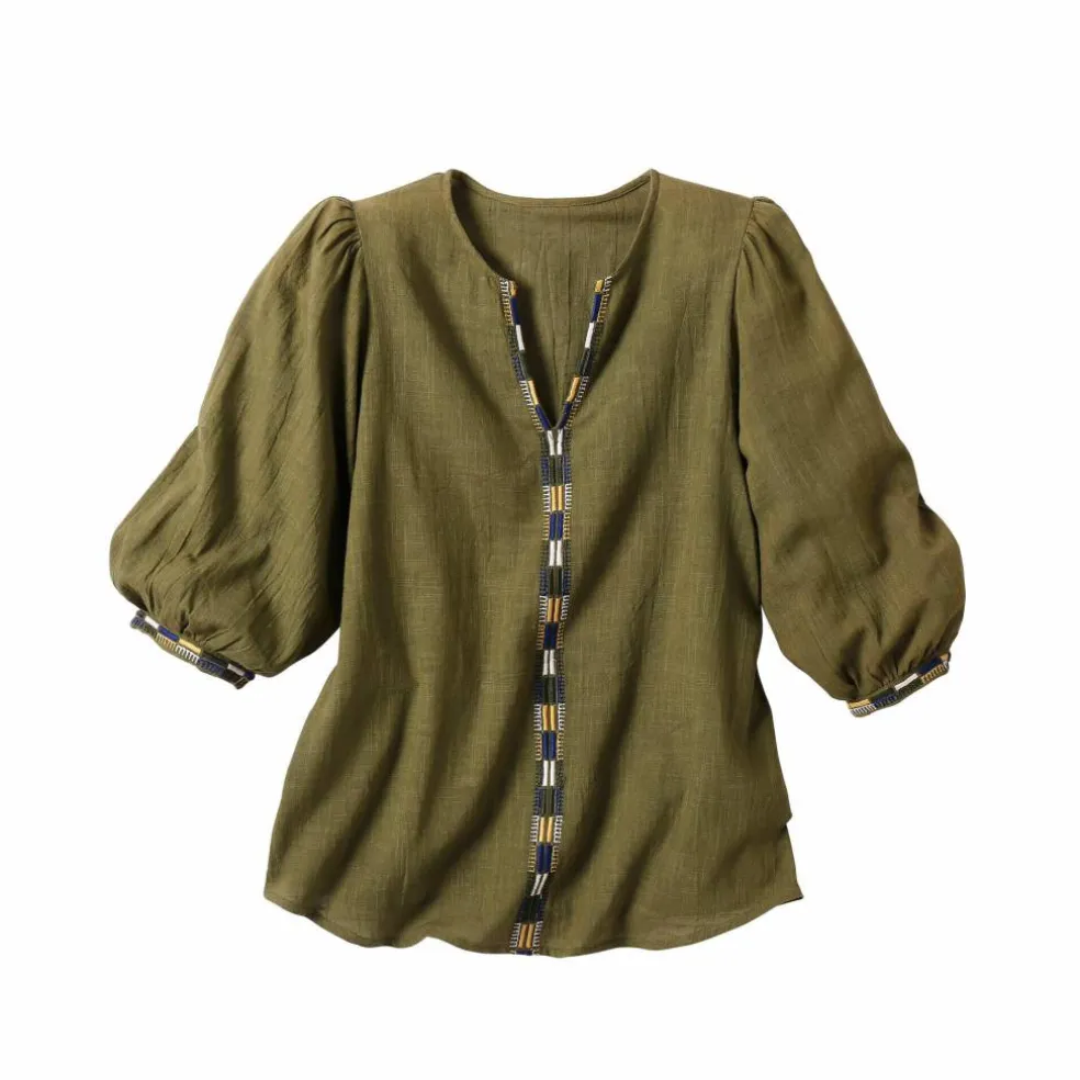 Blouse brodée en coton unie, manches 3/4