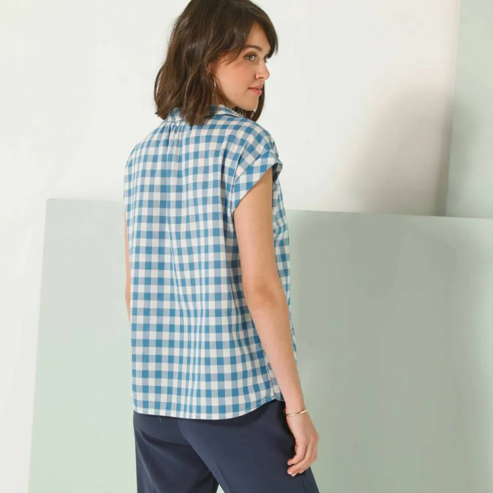 Blouse à carreaux, manches courtes à revers