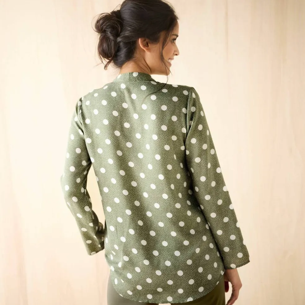 Blouse col tunisien imprimé pois, crêpe
