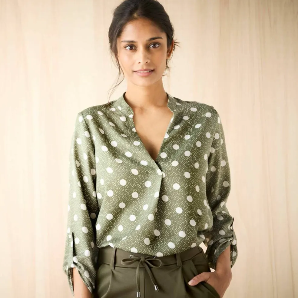 Blouse col tunisien imprimé pois, crêpe