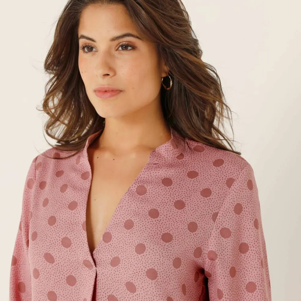 Blouse col tunisien imprimé pois, crêpe