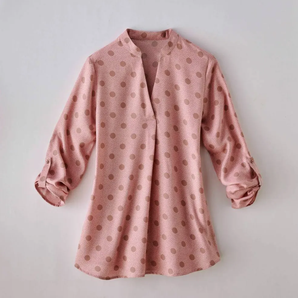 Blouse col tunisien imprimé pois, crêpe