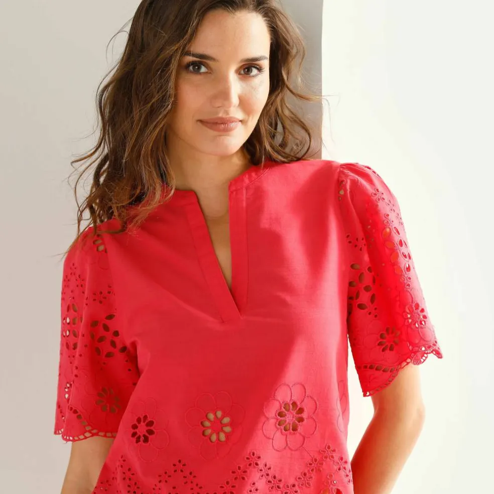 Blouse col tunisien manches courtes, broderie anglaise