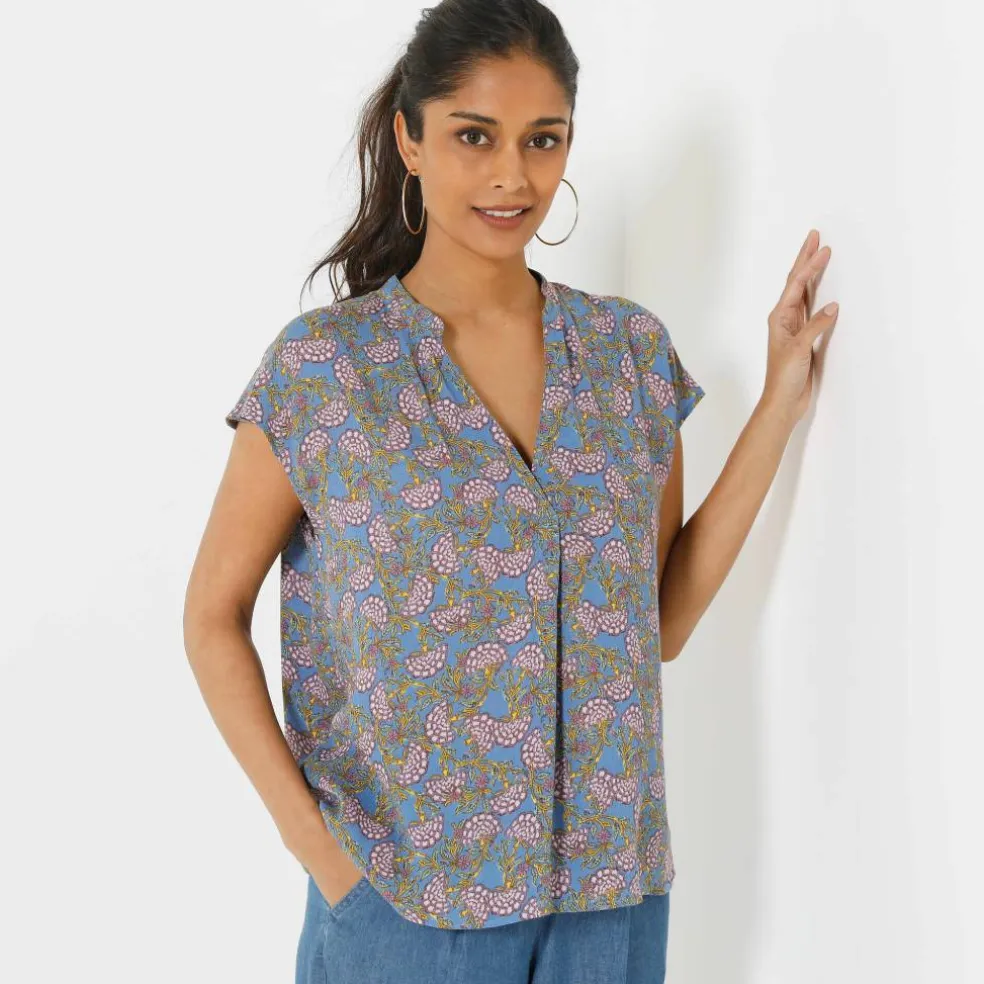 Blouse col tunisien sans manches, crépon