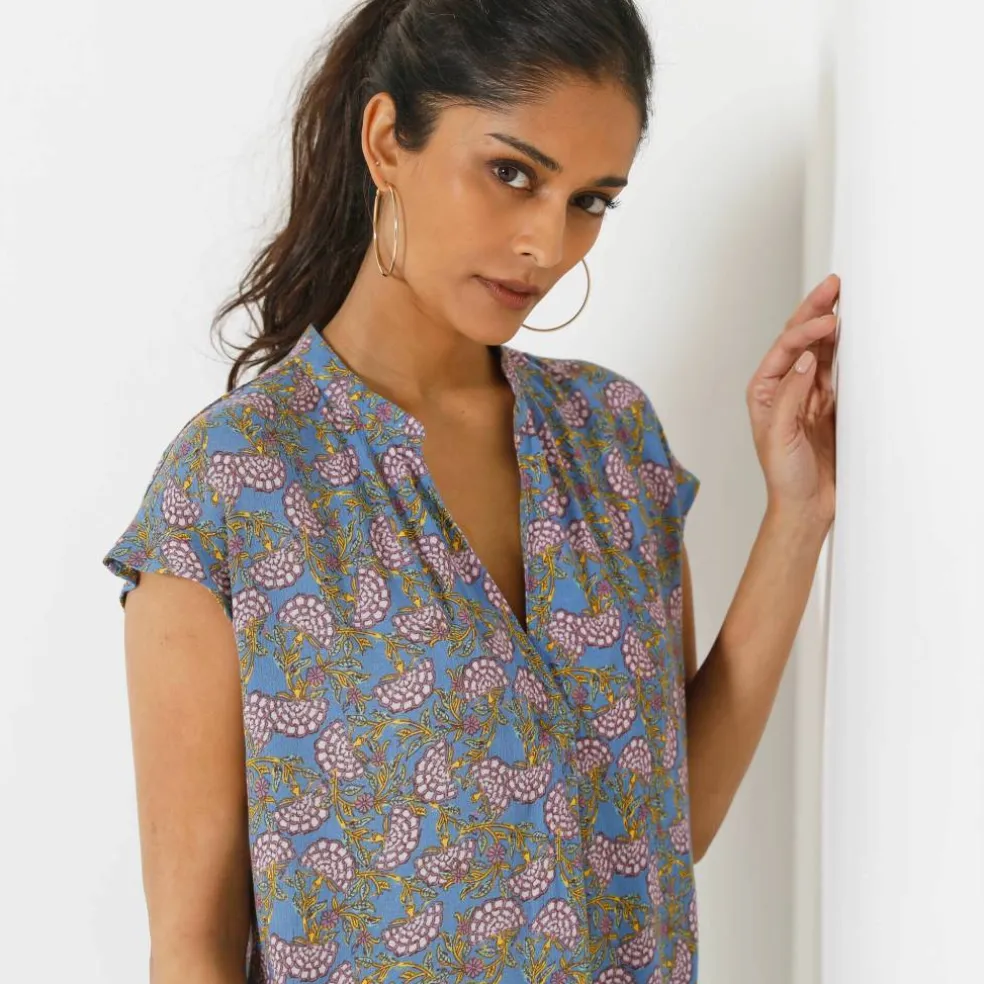 Blouse col tunisien sans manches, crépon