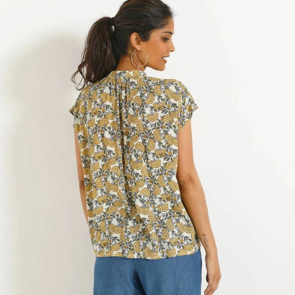 Blouse col tunisien sans manches, crépon