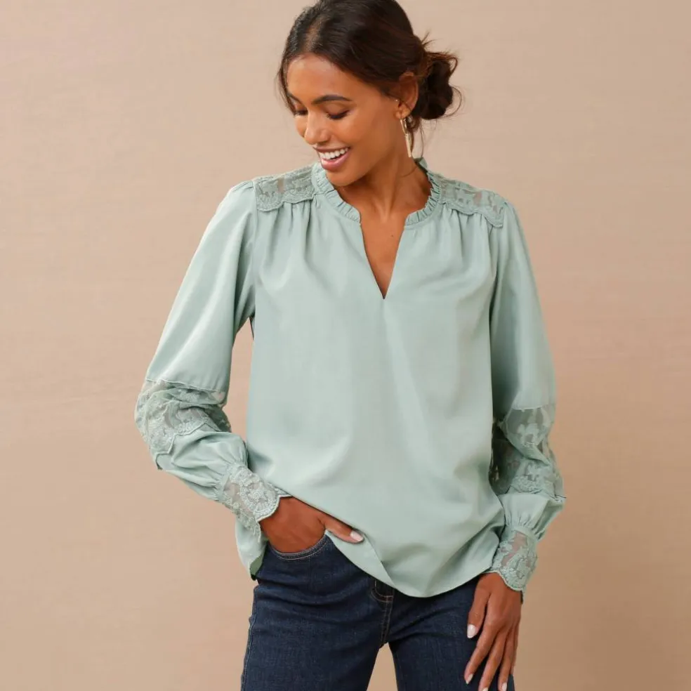 Blouse dentelle manches longues blousantes