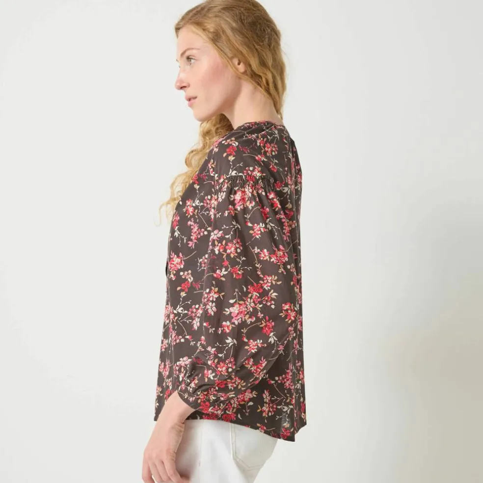 Blouse en coton imprimée fleurs, manches 7/8