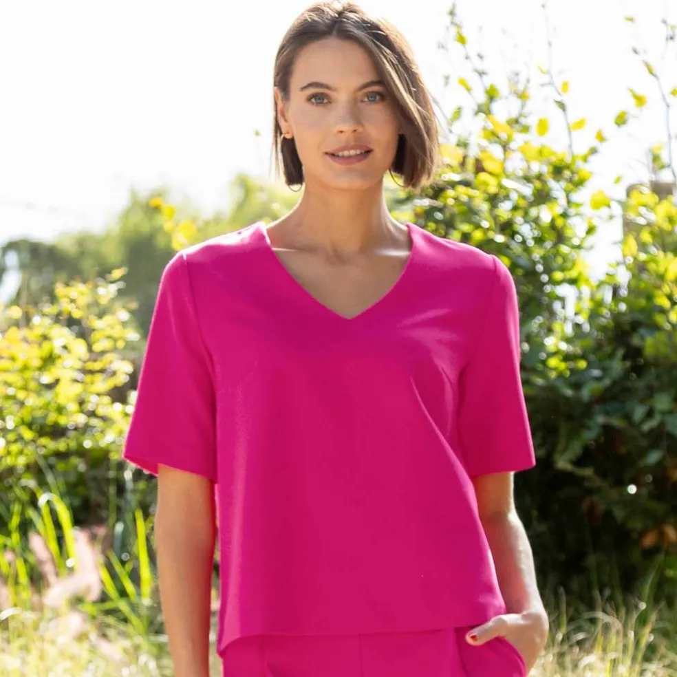 Blouse fluide col V manches courtes, unie