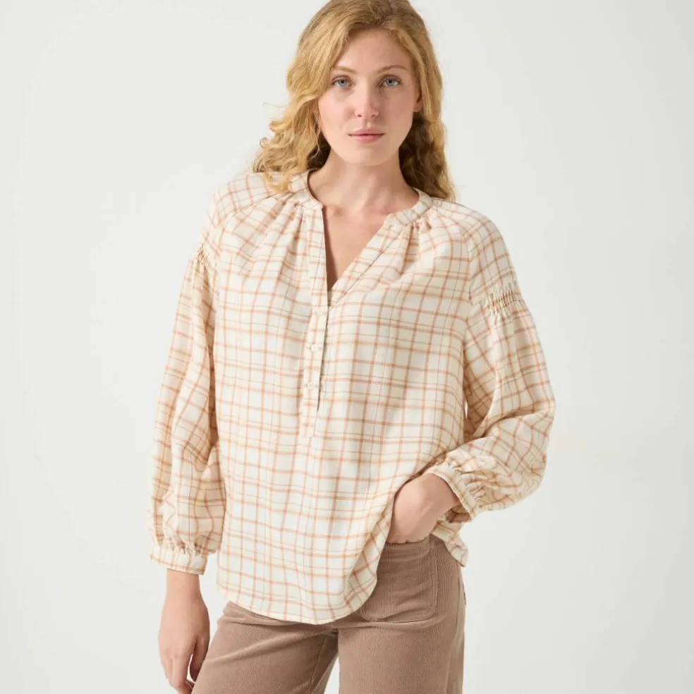 Blouse imprimée carreaux flanelle, manches 7/8