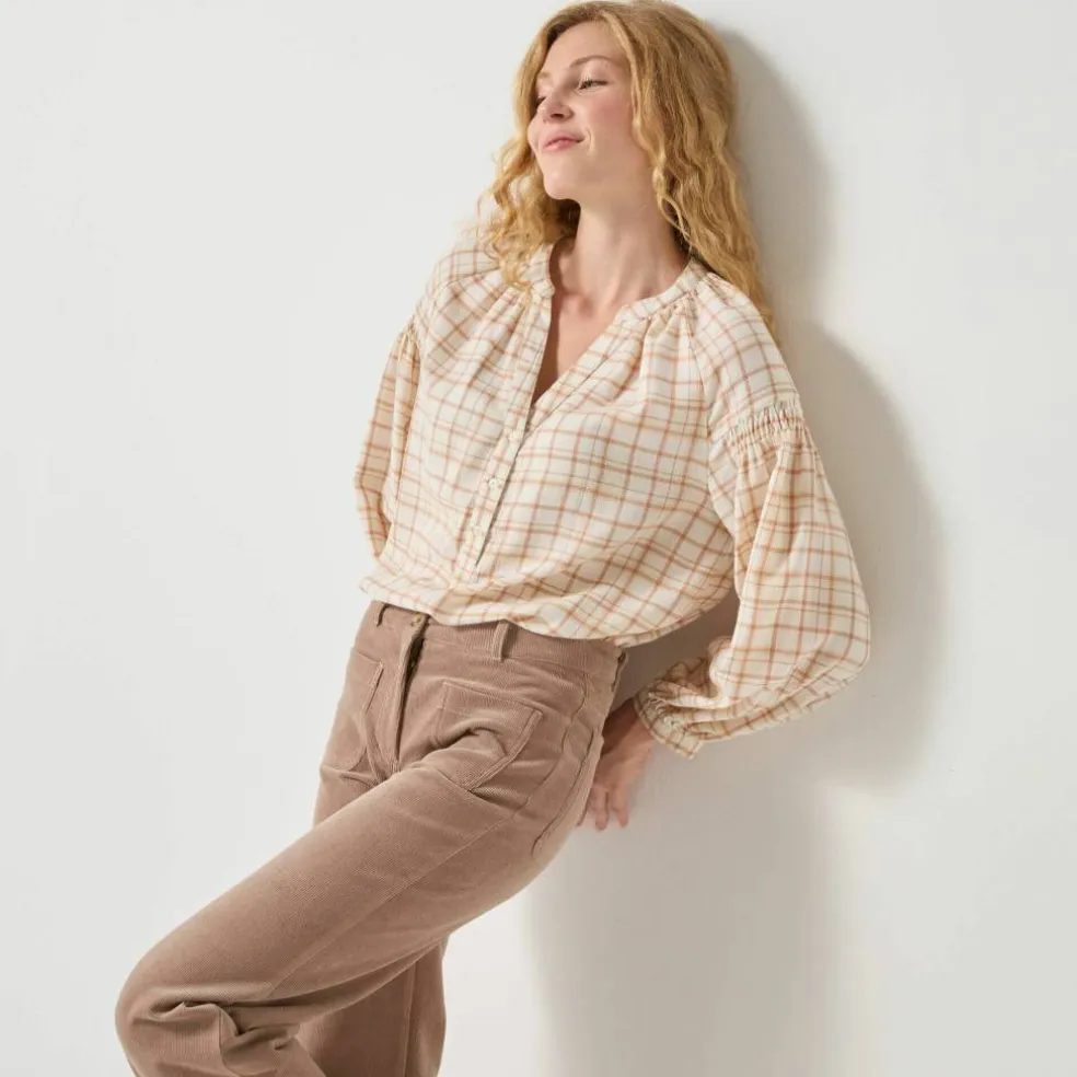 Blouse imprimée carreaux flanelle, manches 7/8