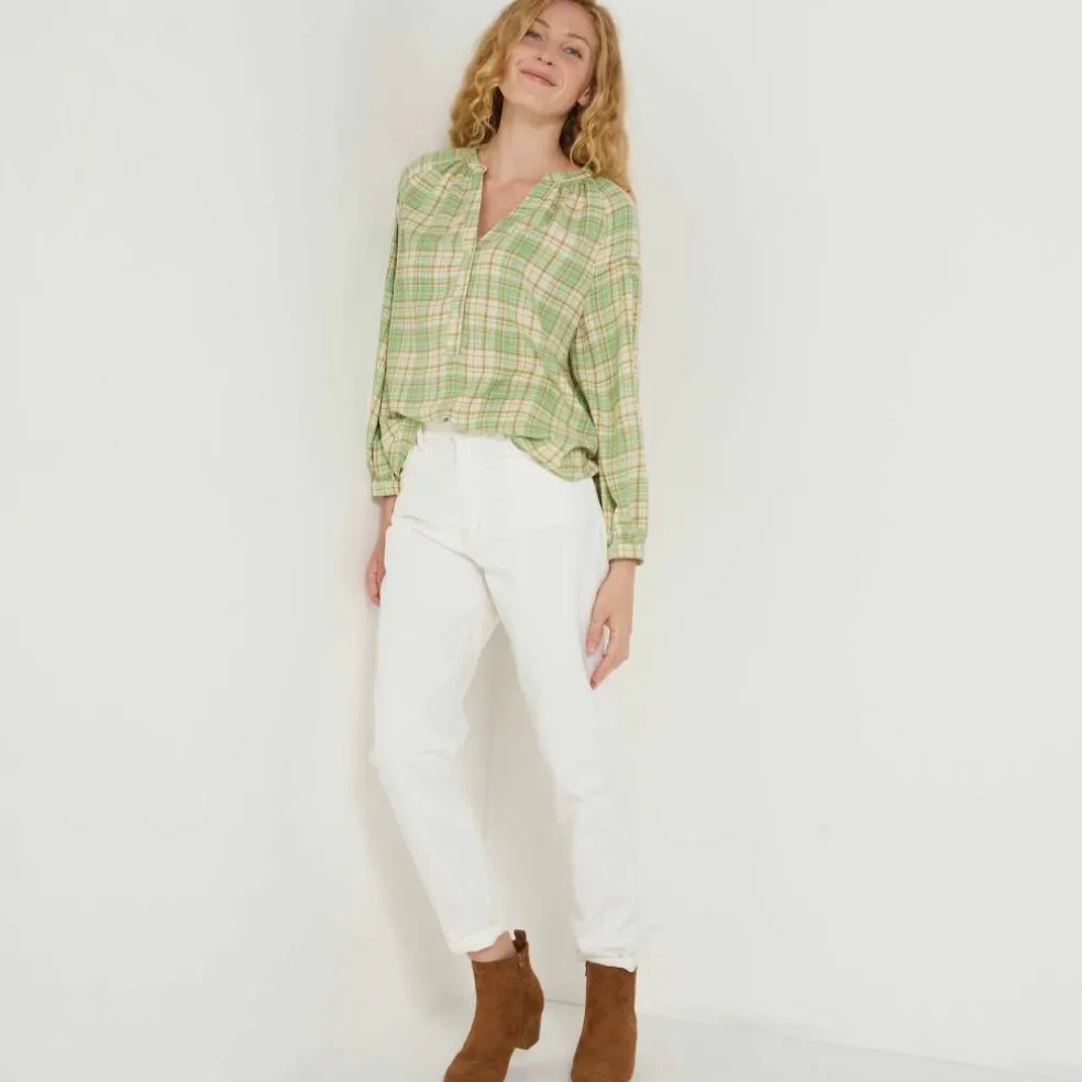 Blouse imprimée carreaux flanelle, manches 7/8