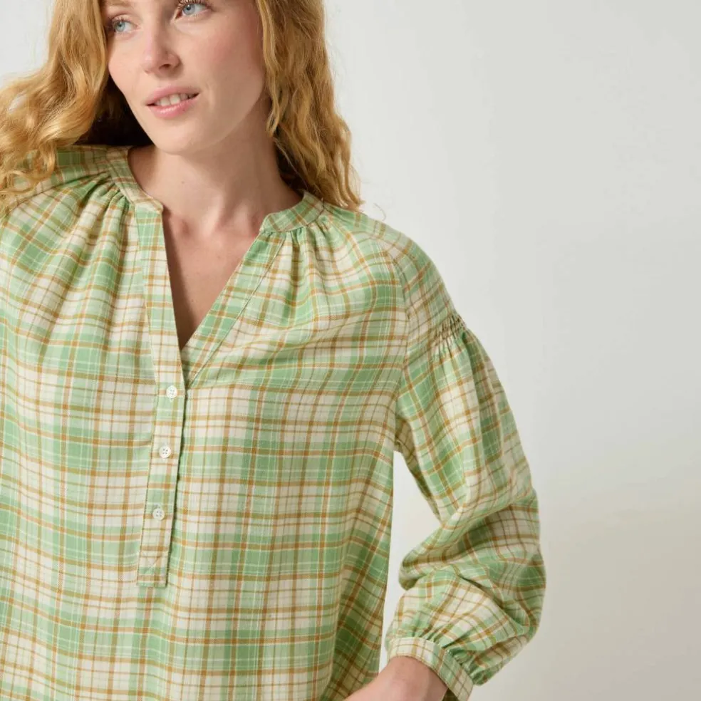 Blouse imprimée carreaux flanelle, manches 7/8