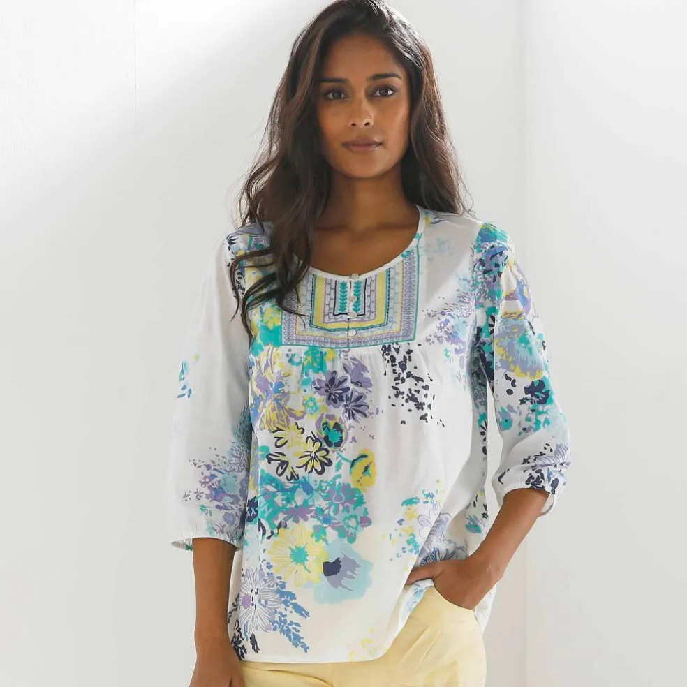Blouse imprimée fleurs, détails brodés