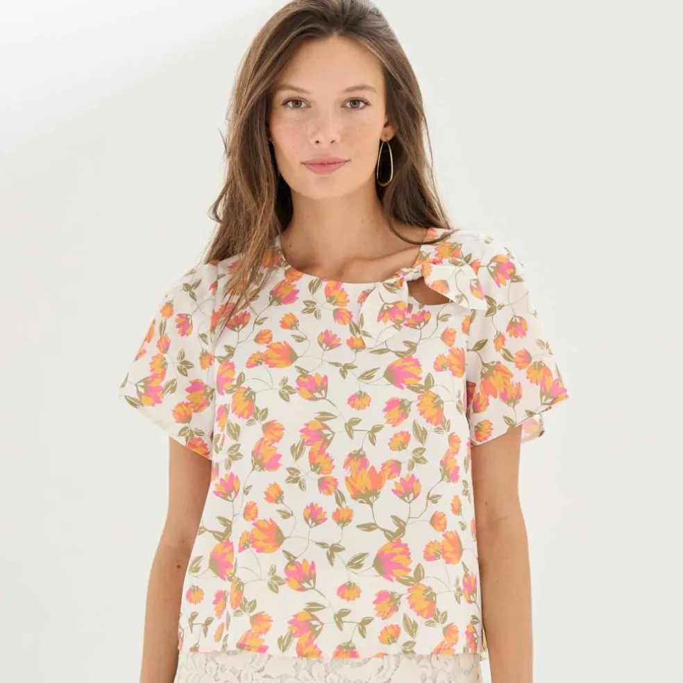 Blouse imprimée fleurs, noeud fantaisie