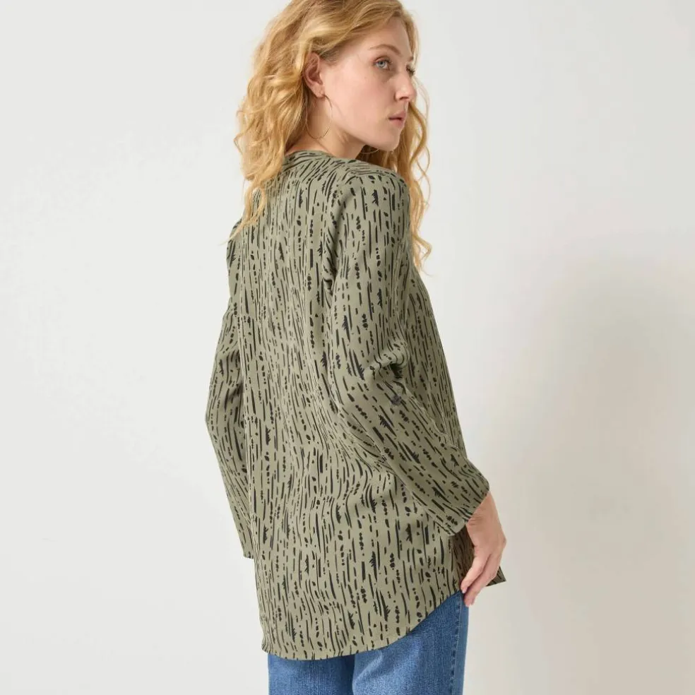 Blouse imprimé graphique col tunisien, crêpe