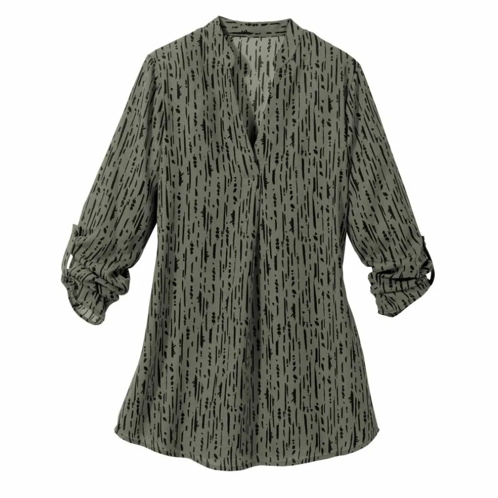 Blouse imprimé graphique col tunisien, crêpe