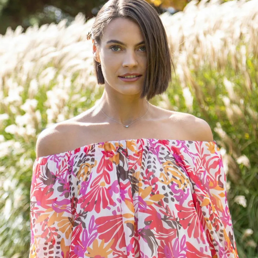 Blouse élastiquée manches blousantes, mousseline multicolore