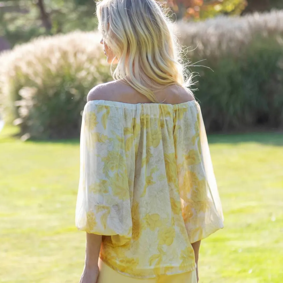 Blouse élastiquée manches blousantes, mousseline imprimé fleuri