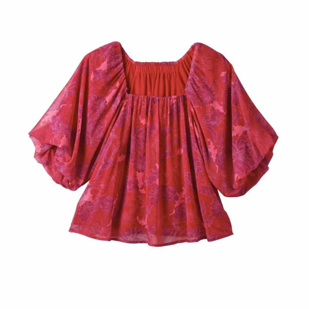 Blouse élastiquée manches blousantes, mousseline imprimé fleuri