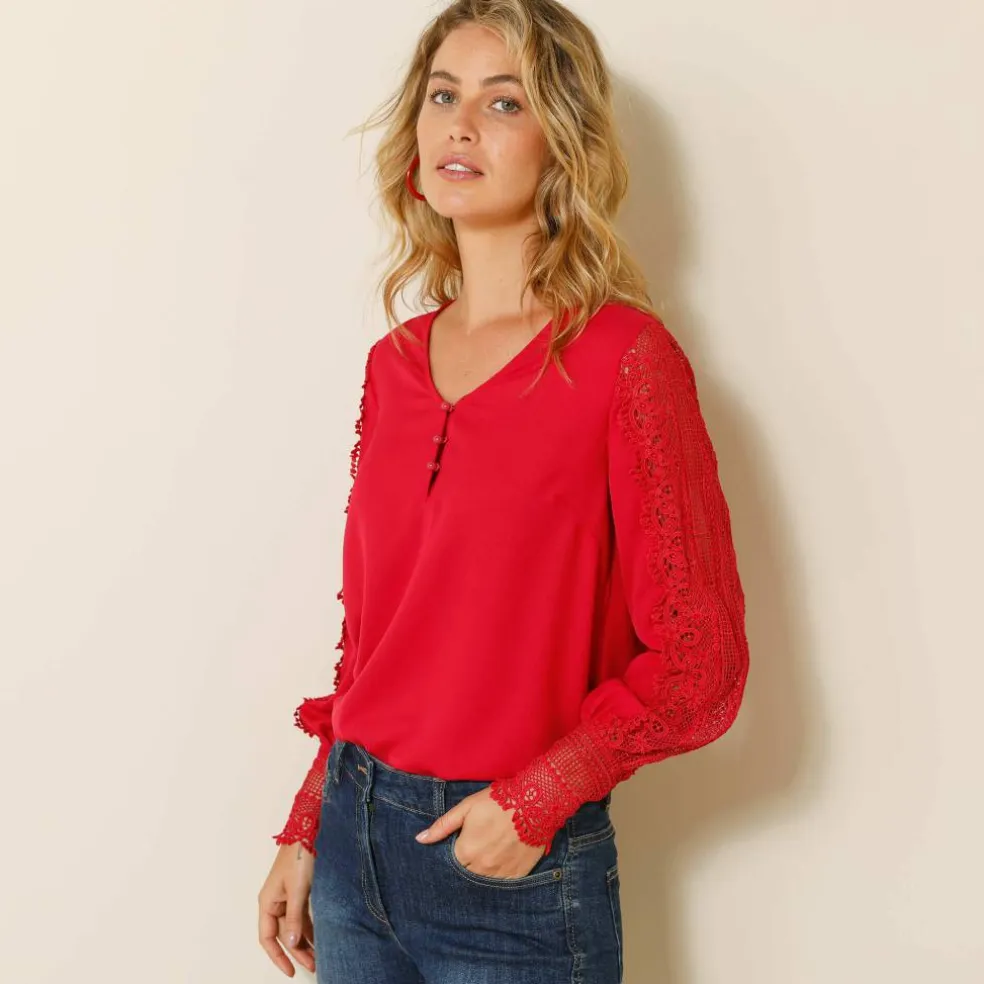Blouse macramé col V manches longues, crêpe fluide