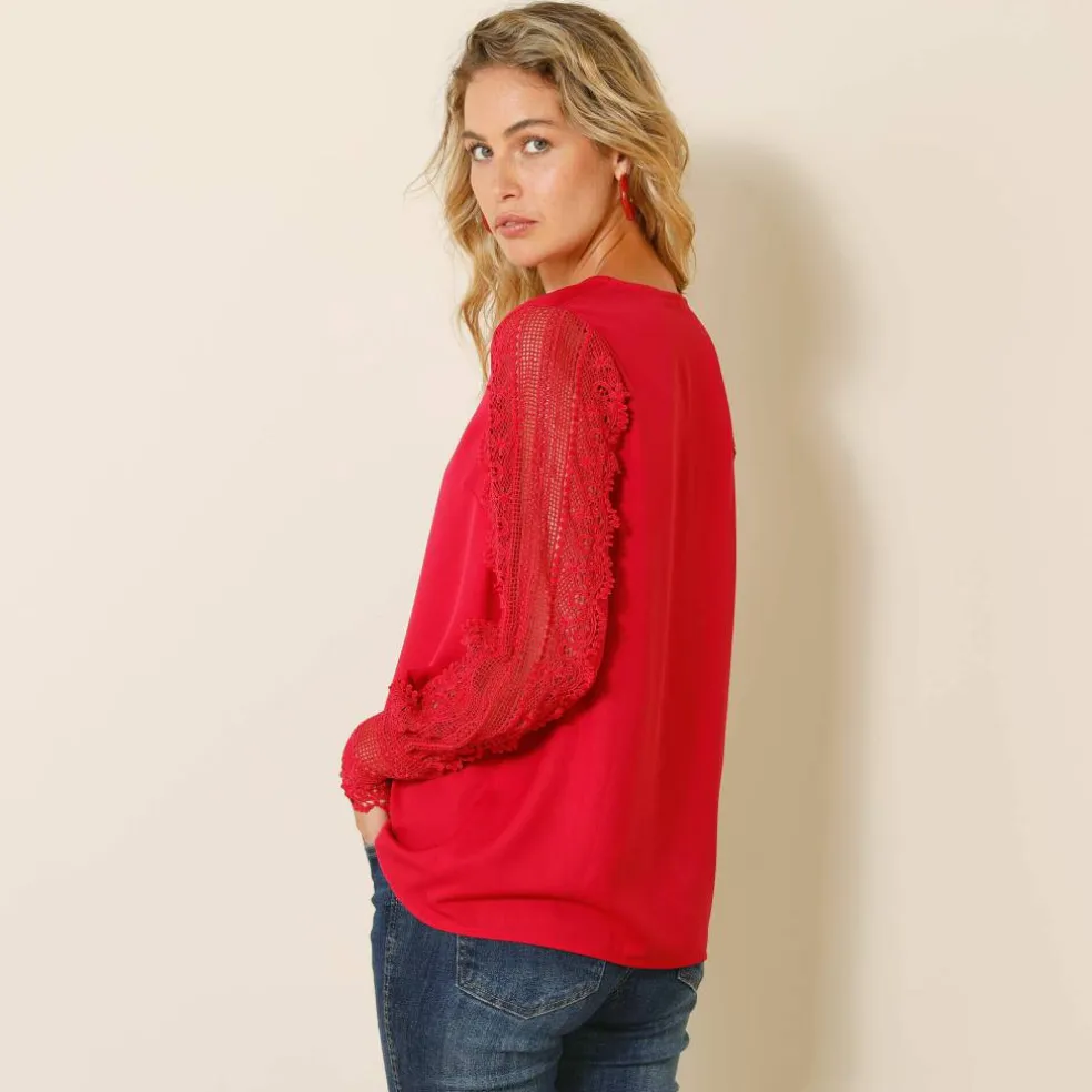 Blouse macramé col V manches longues, crêpe fluide