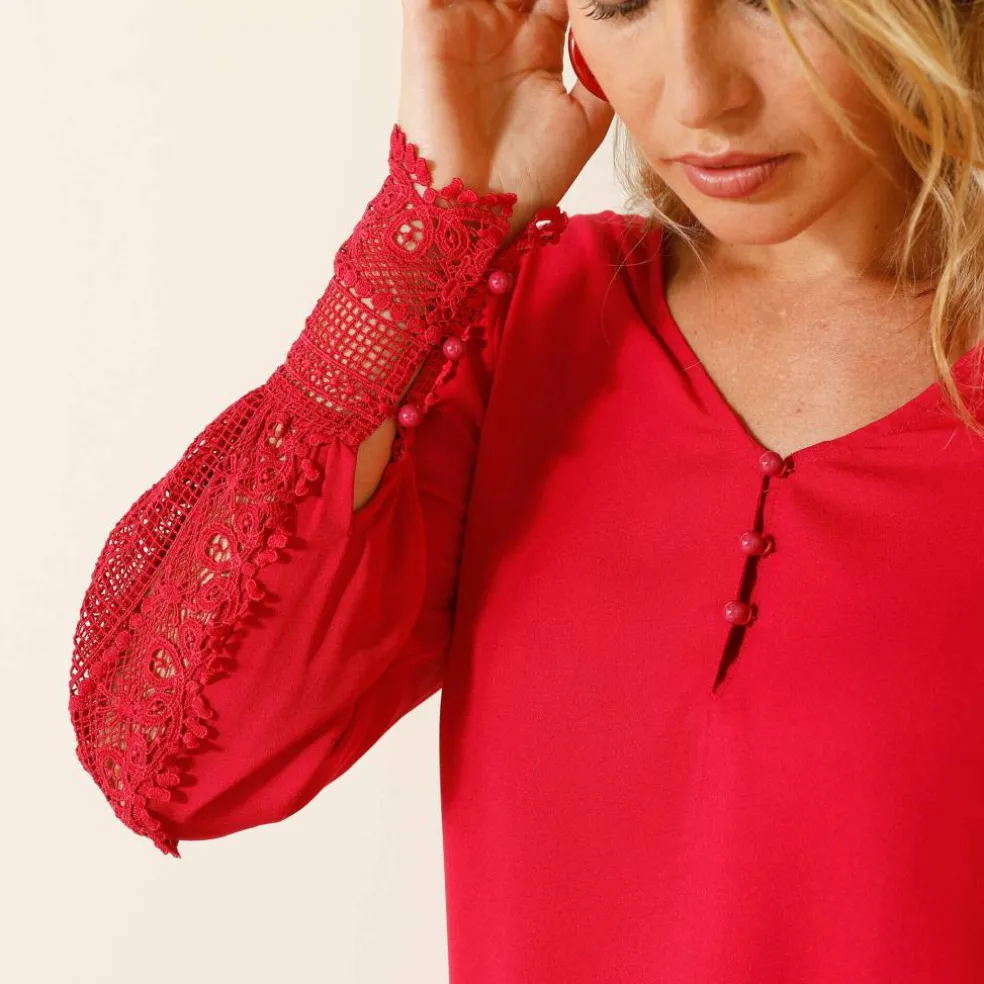 Blouse macramé col V manches longues, crêpe fluide