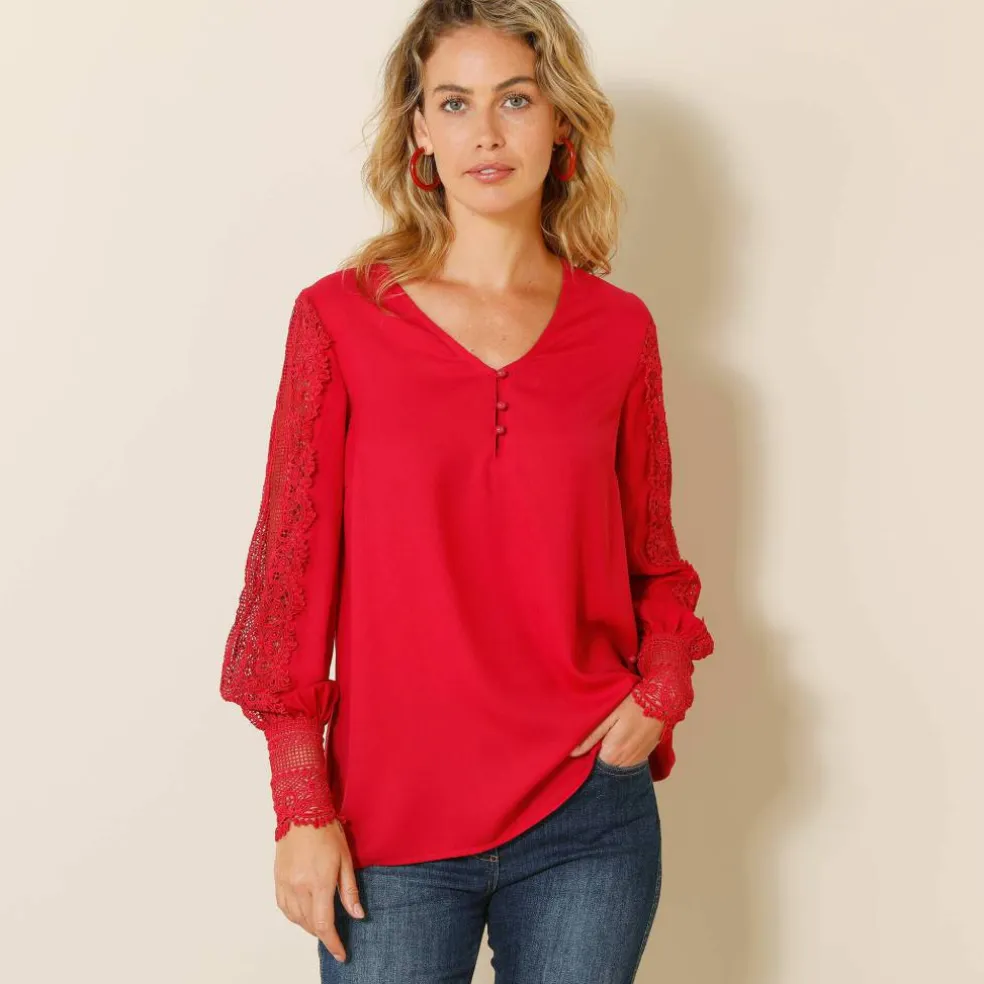 Blouse macramé col V manches longues, crêpe fluide