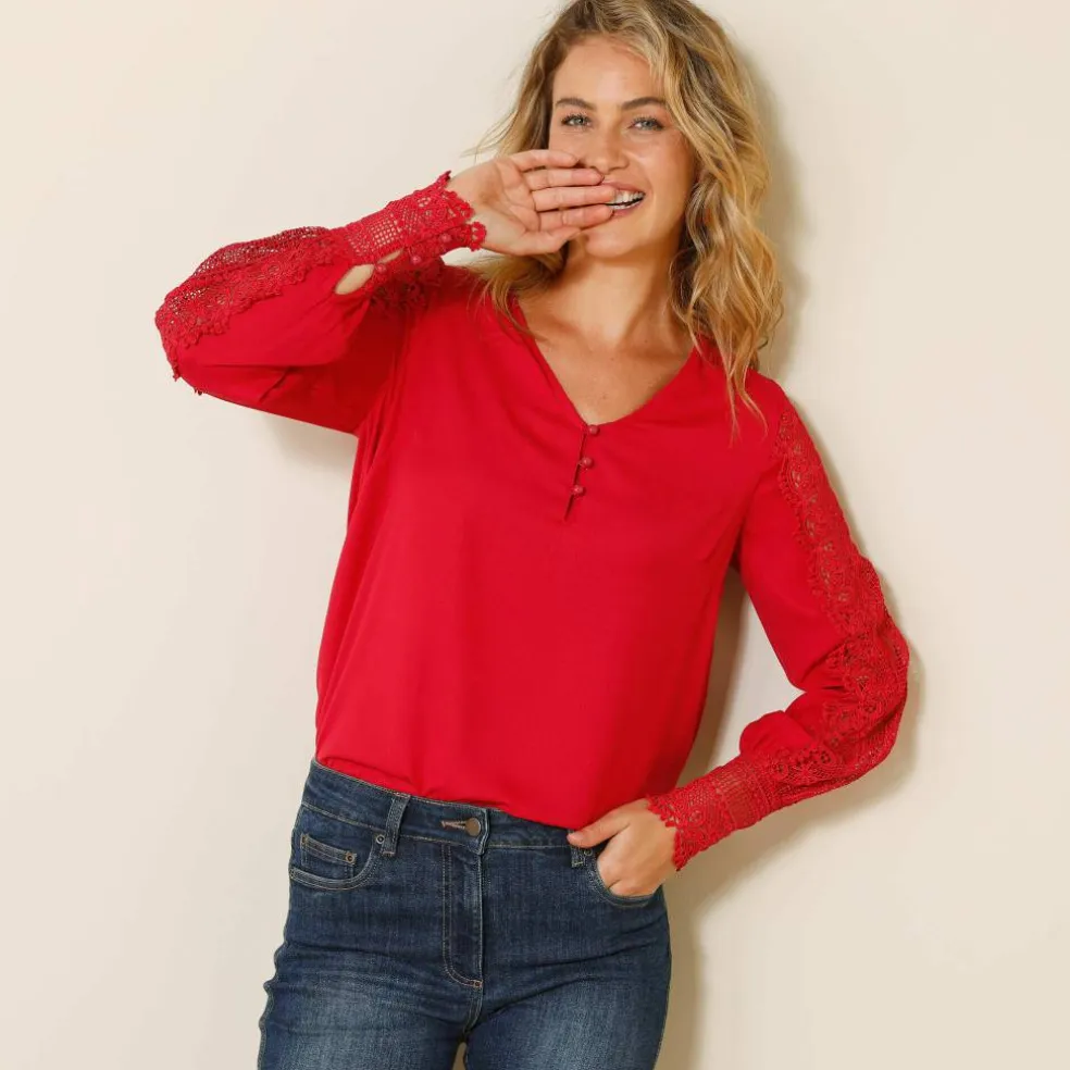 Blouse macramé col V manches longues, crêpe fluide