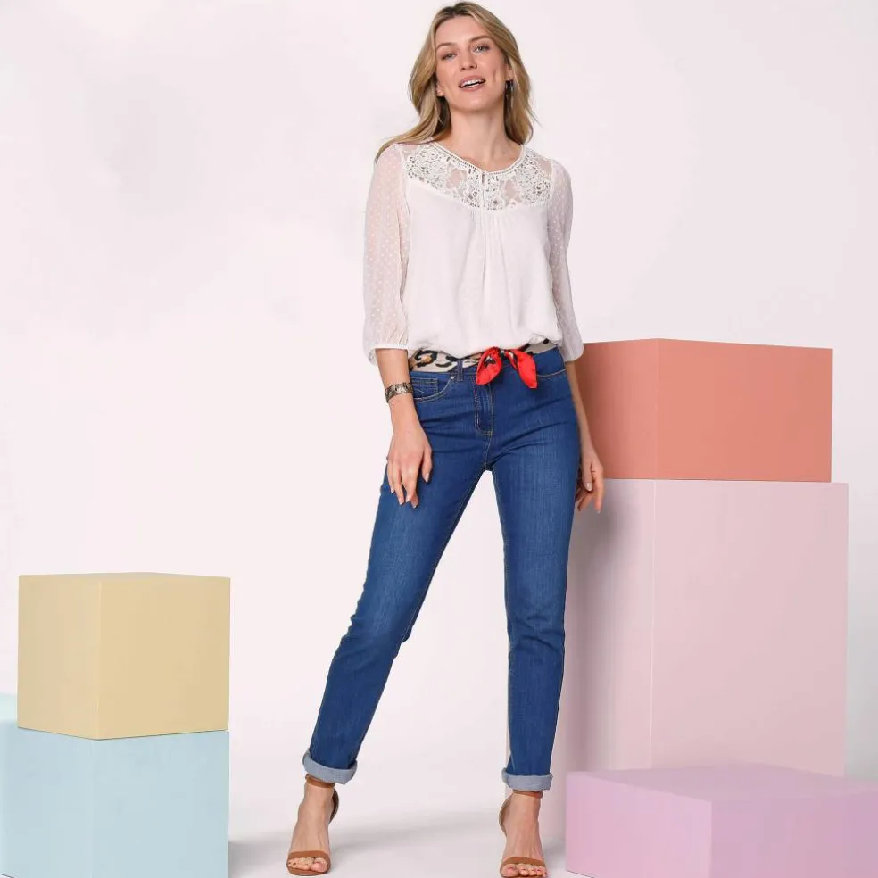 Blouse macramé unie, voile plumetis