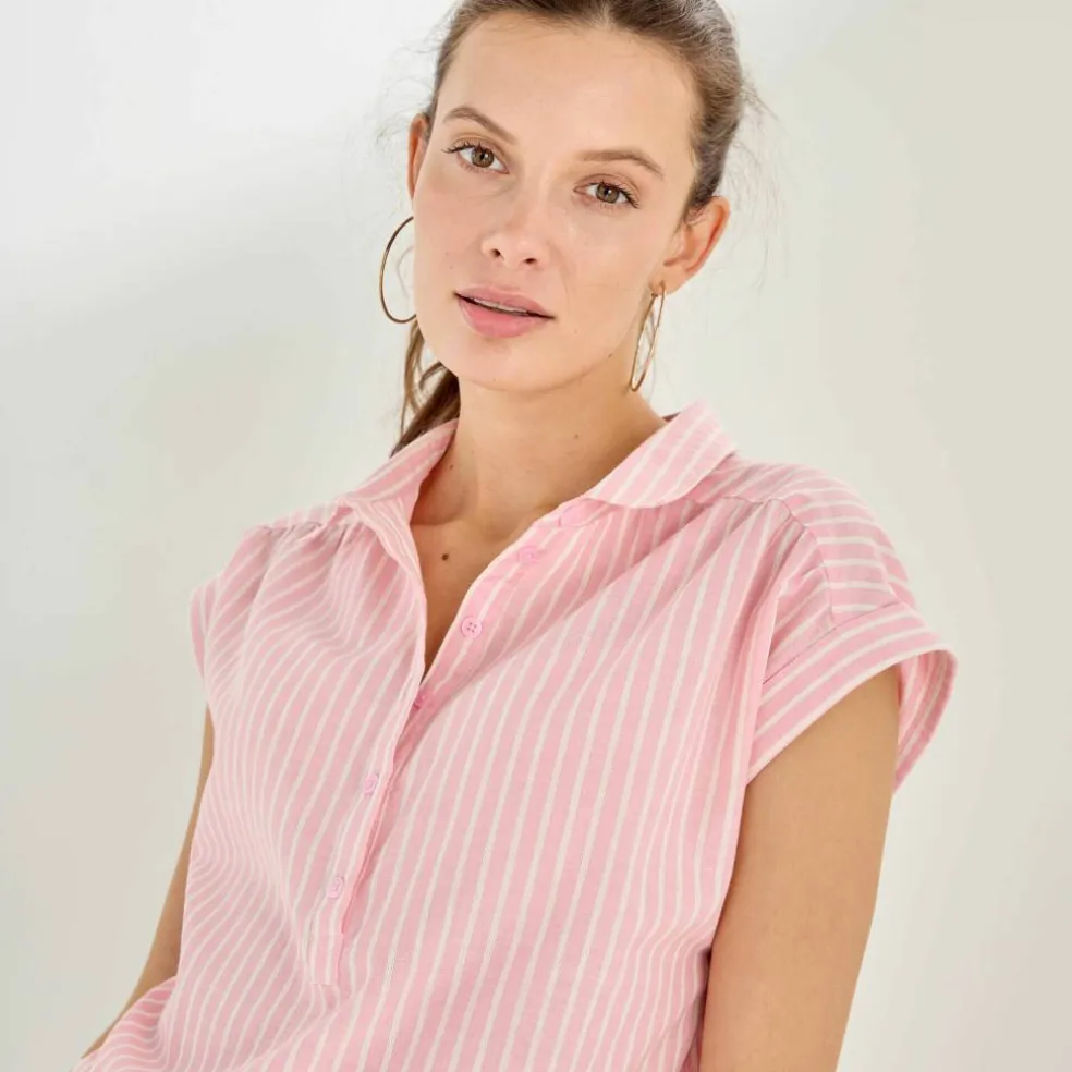 Blouse manches courtes à revers, rayures bicolores