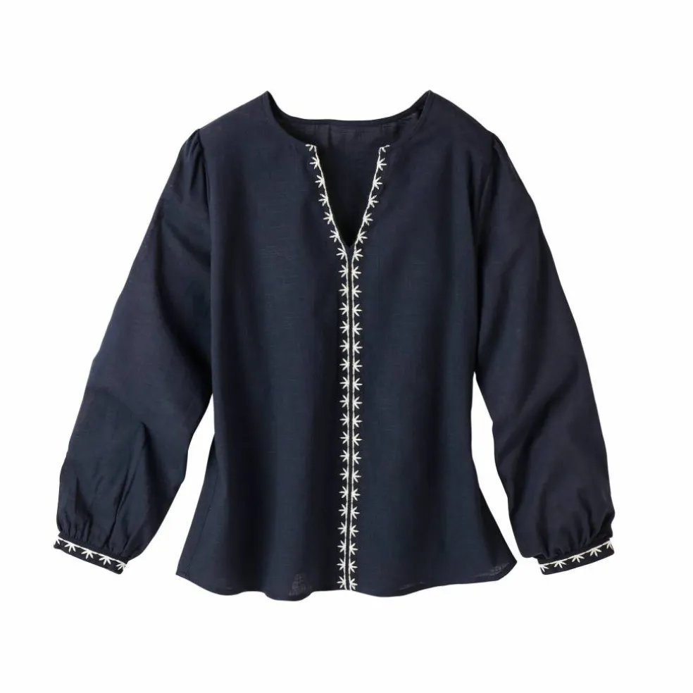 Blouse unie brodée en coton, col fendu