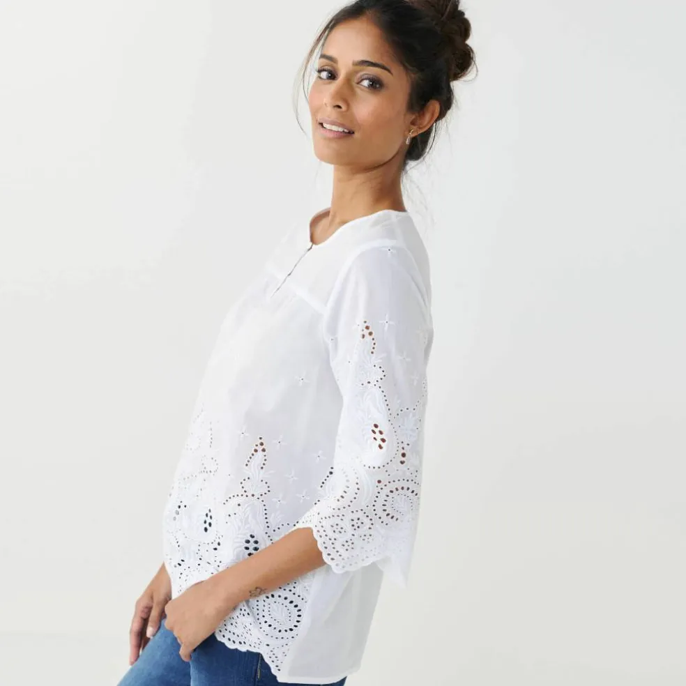 Blouse unie manches 3/4, broderie anglaise