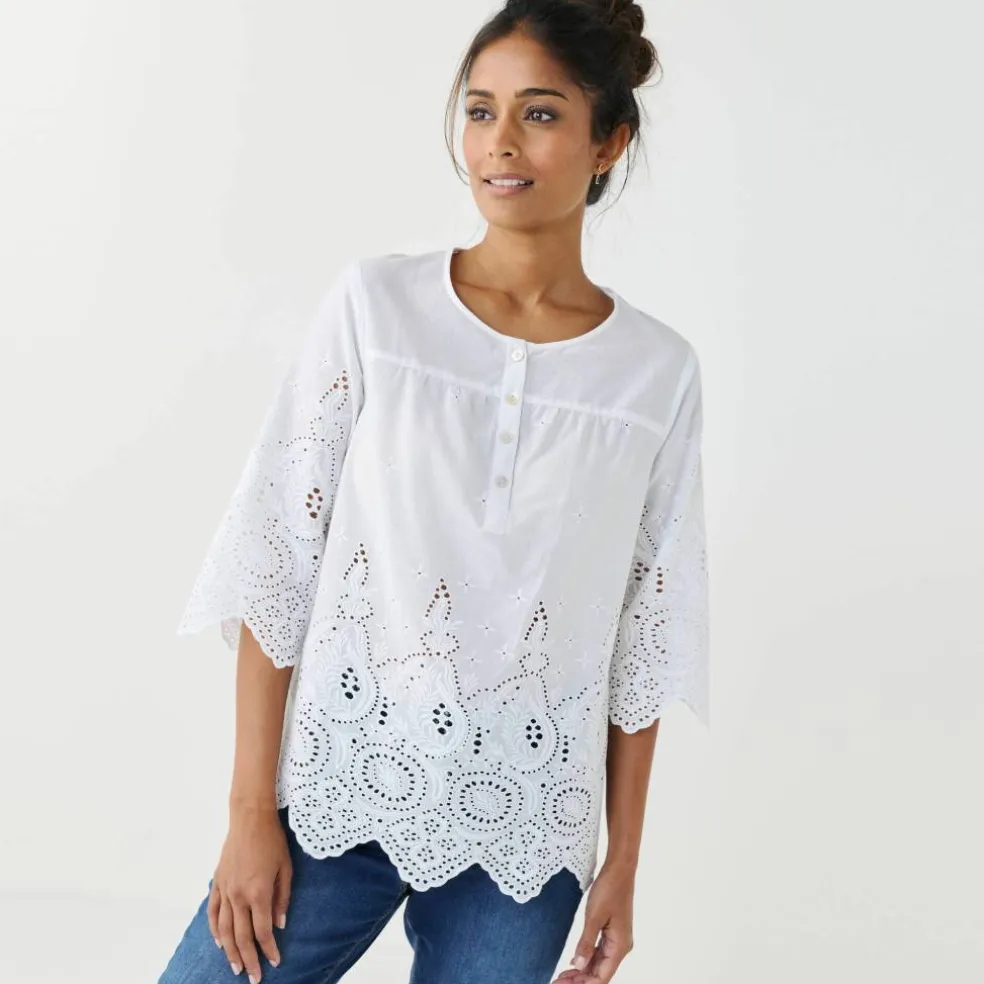 Blouse unie manches 3/4, broderie anglaise