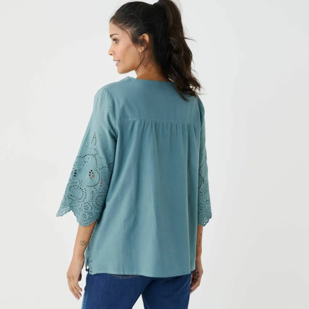 Blouse unie manches 3/4, broderie anglaise
