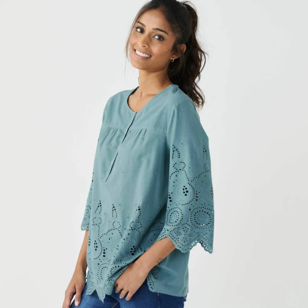 Blouse unie manches 3/4, broderie anglaise