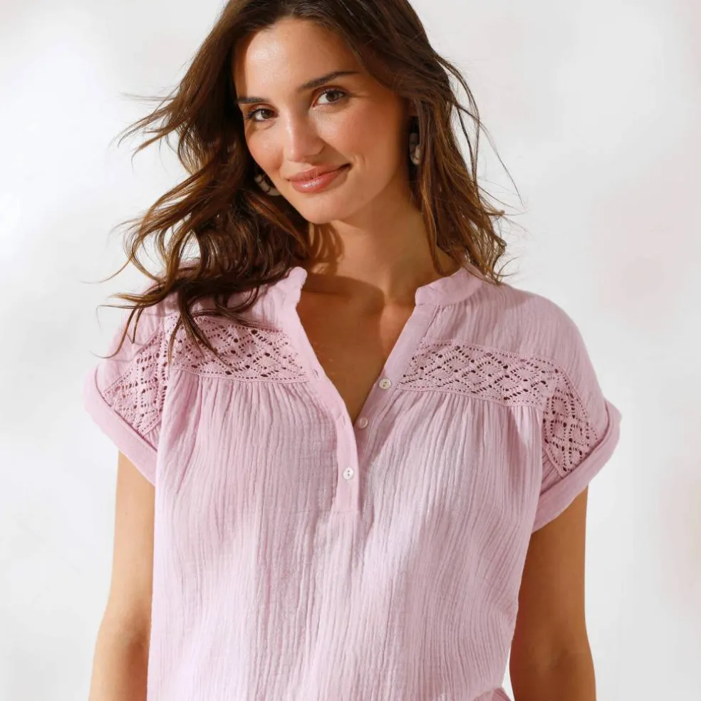 Blouse unie manches courtes, double gaze de coton