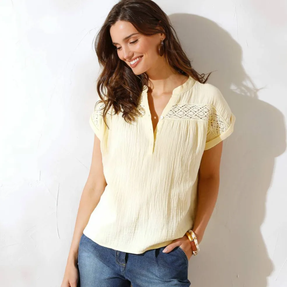 Blouse unie manches courtes, double gaze de coton