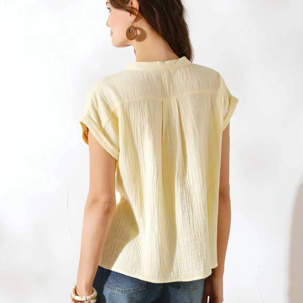 Blouse unie manches courtes, double gaze de coton