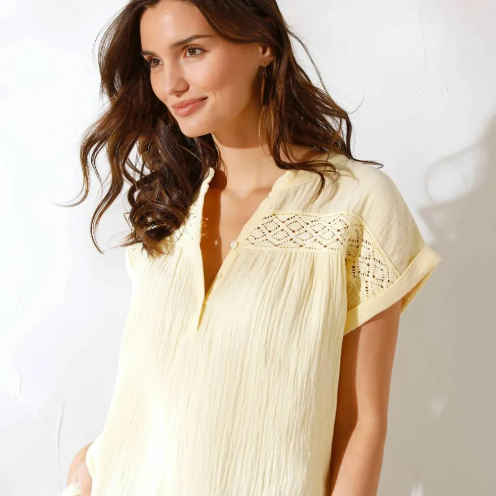 Blouse unie manches courtes, double gaze de coton
