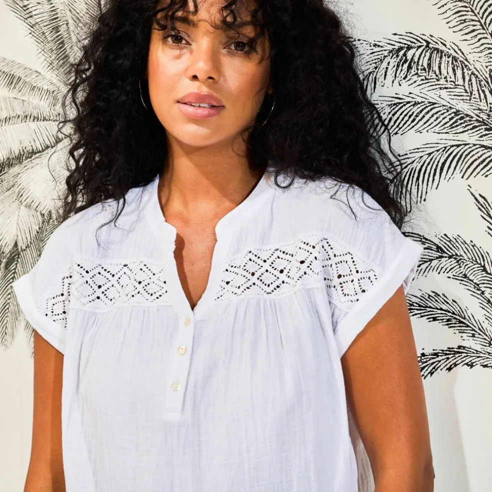 Blouse unie manches courtes, double gaze de coton