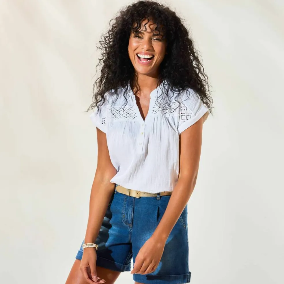 Blouse unie manches courtes, double gaze de coton
