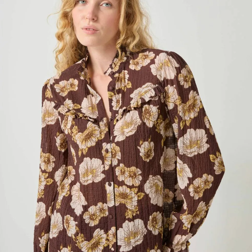Blouse volantée imprimée floral, crépon